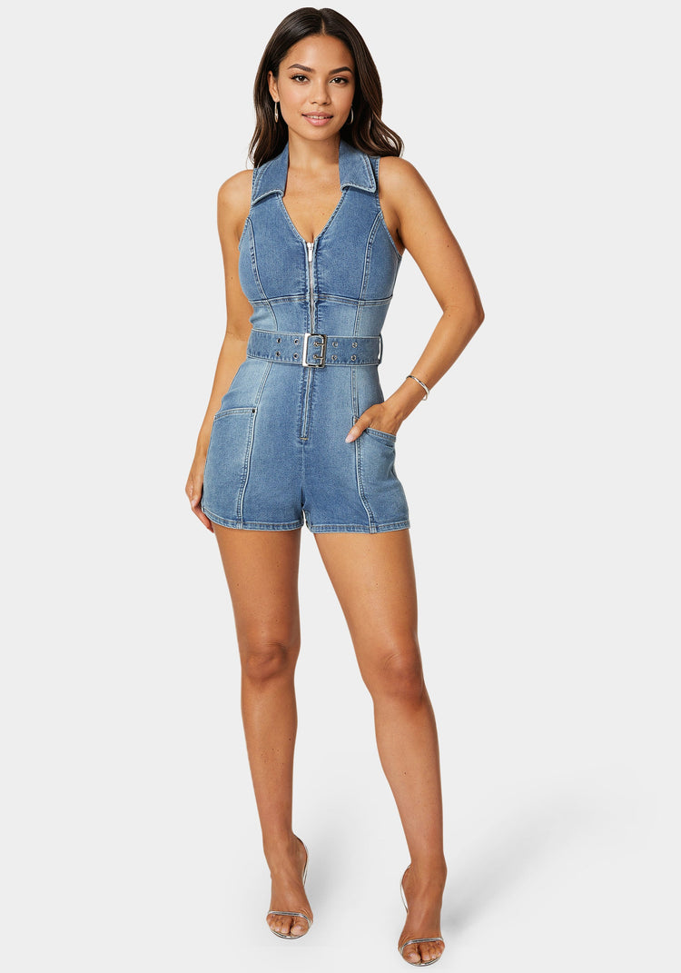 bebe Light Weight Front Zipper Denim Romper