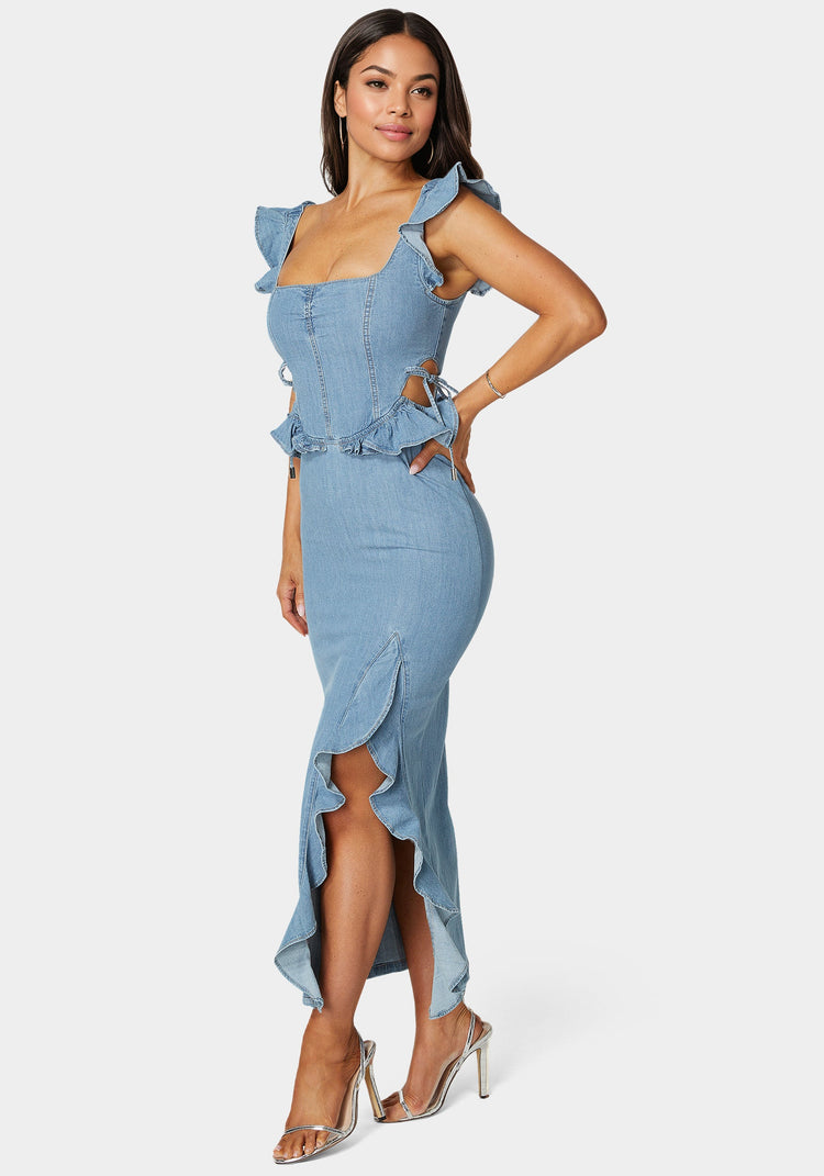 Bebe Light Weight Ruffle Detail Denim Dress