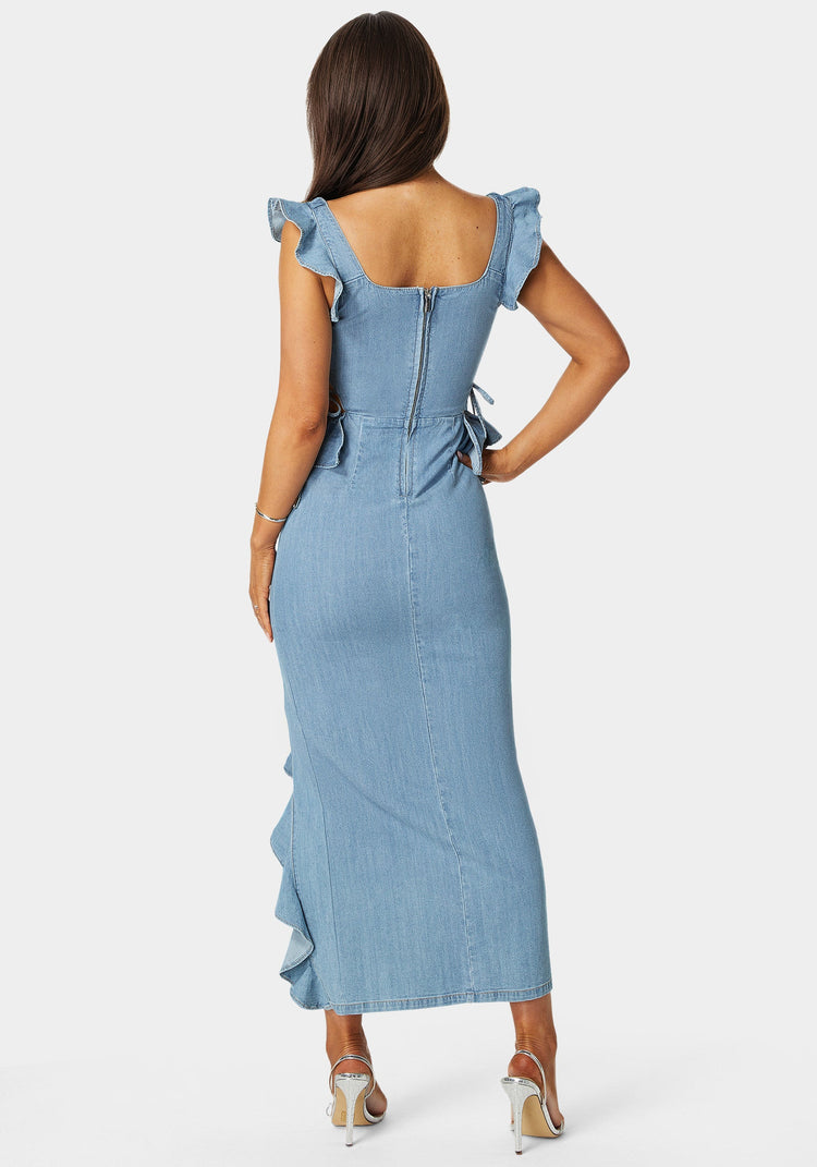 Bebe Light Weight Ruffle Detail Denim Dress