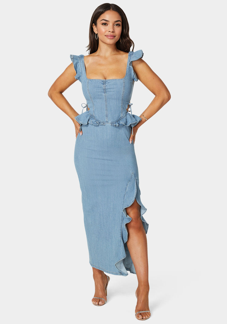 bebe Light Weight Ruffle Detail Denim Dress
