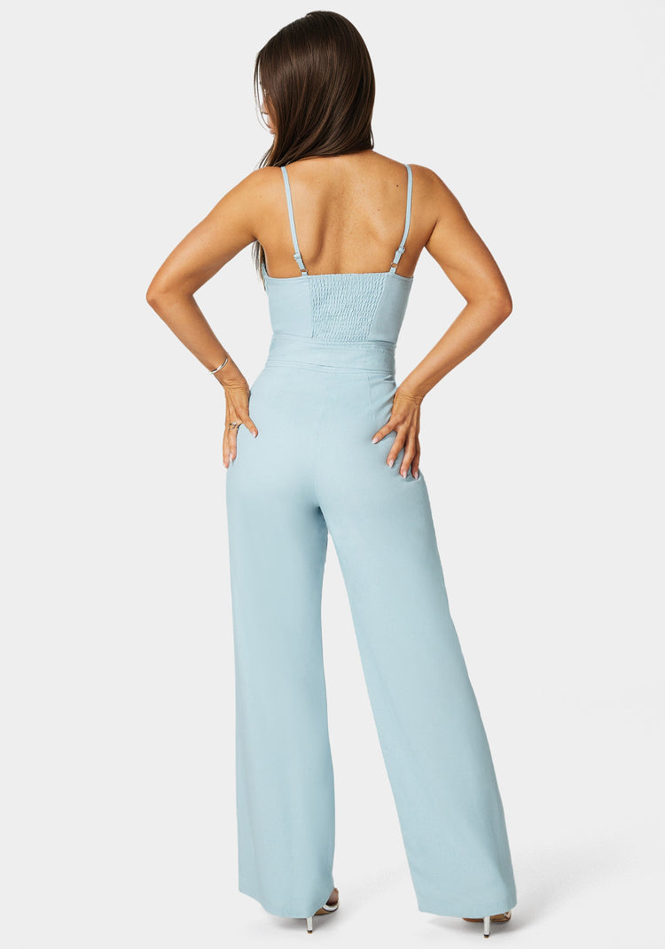 Bebe Linen Belted Palazzo Leg Jumpsuit
