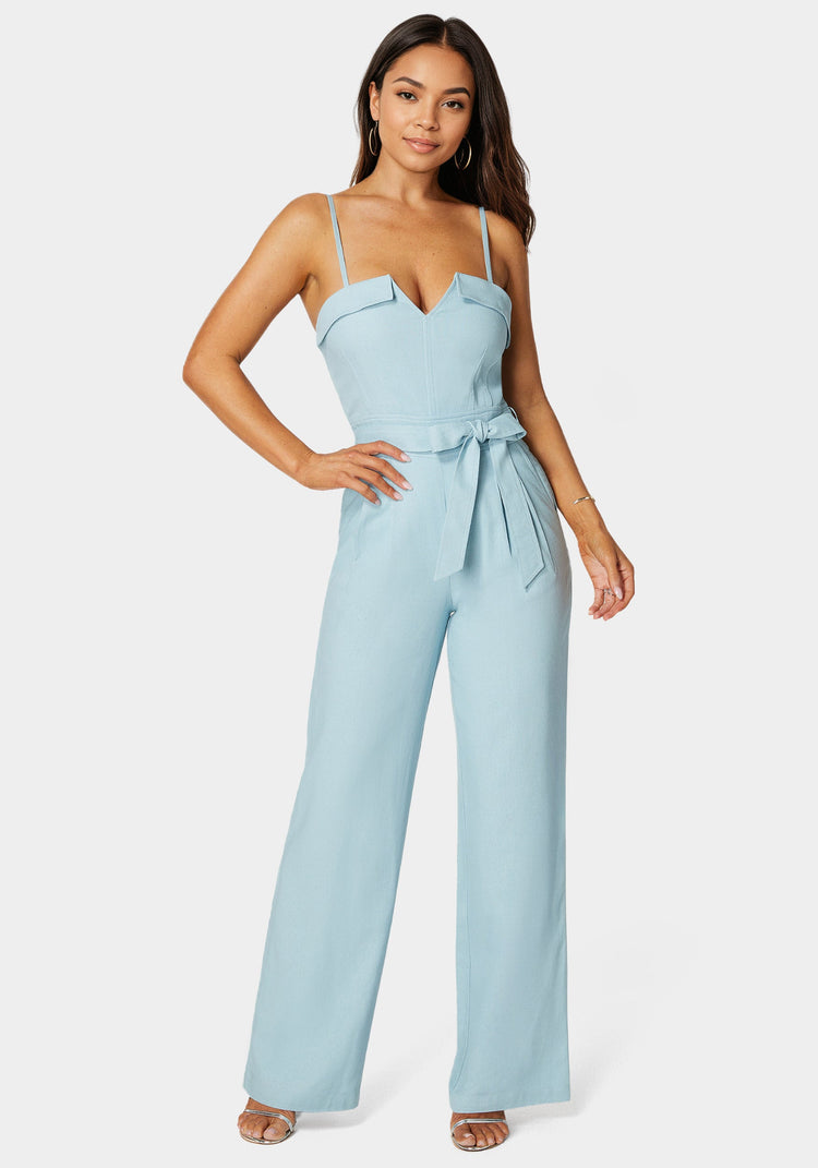 bebe Linen Belted Palazzo Leg Jumpsuit