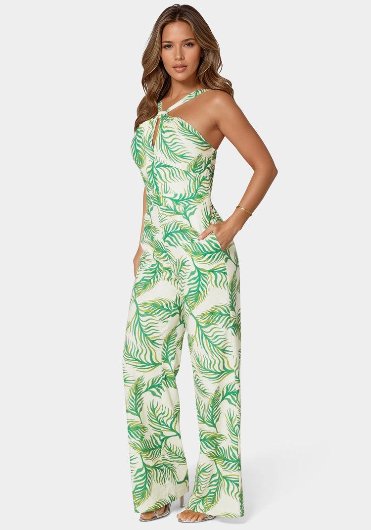 Bebe Linen Front Knot Palazzo Leg Jumpsuit