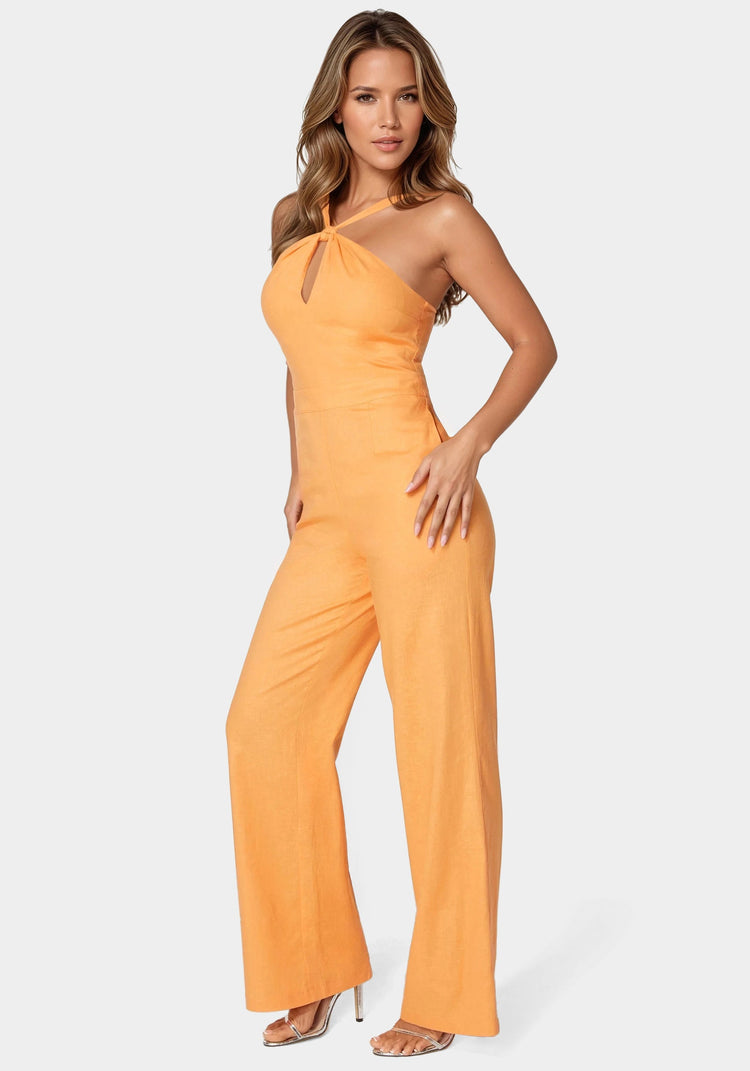 Bebe Linen Front Knot Palazzo Leg Jumpsuit