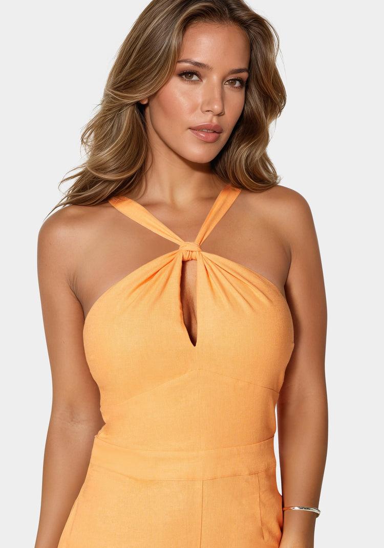 Bebe Linen Front Knot Palazzo Leg Jumpsuit