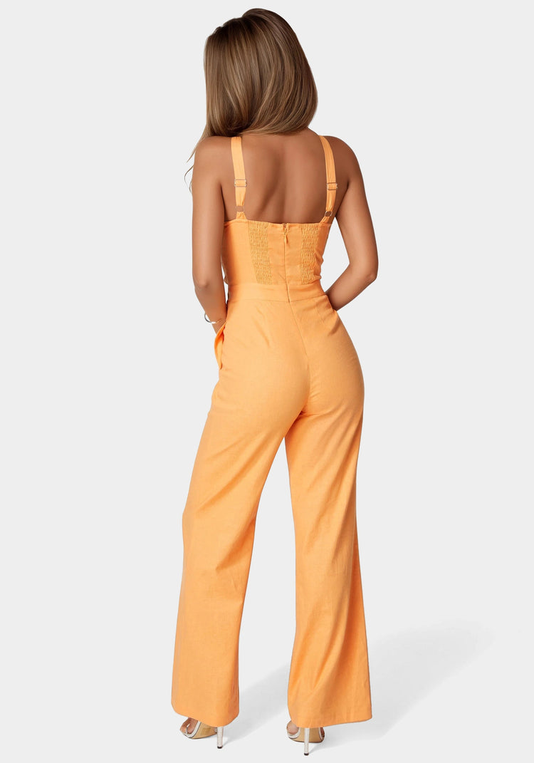 Bebe Linen Front Knot Palazzo Leg Jumpsuit