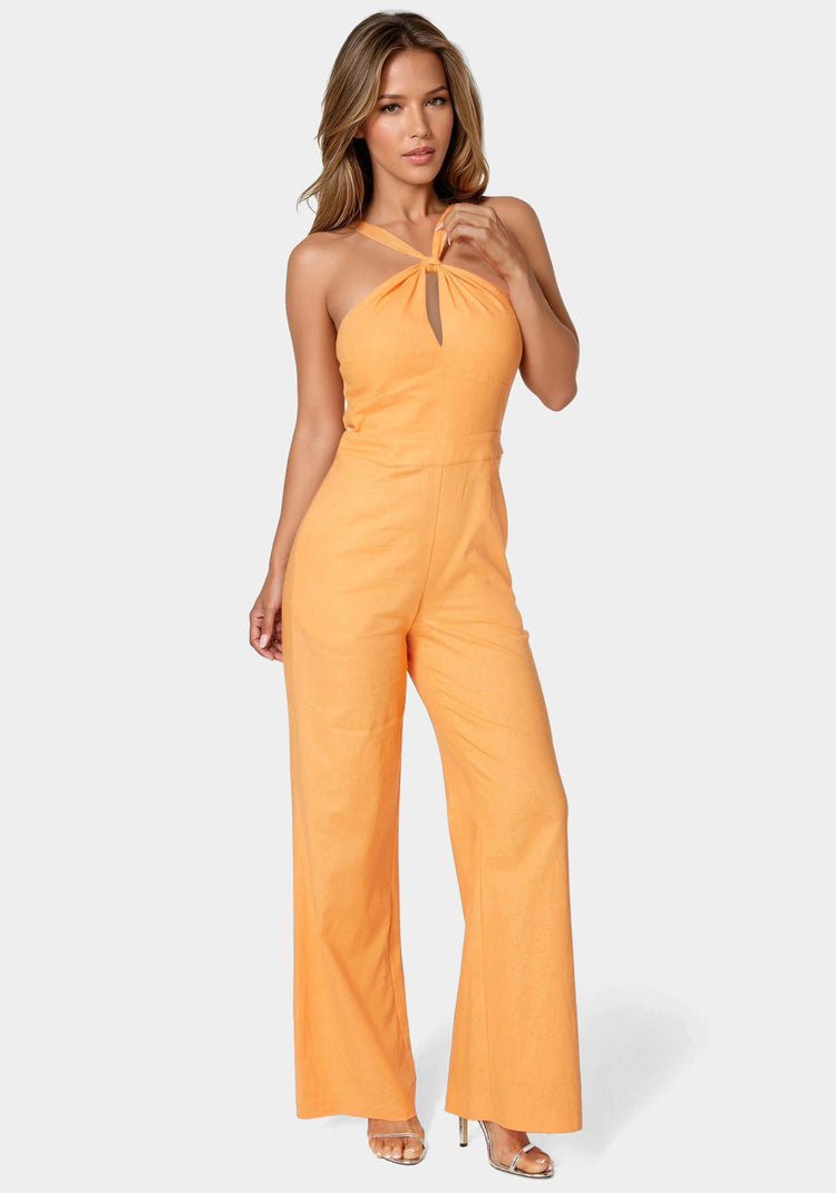 bebe Linen Front Knot Palazzo Leg Jumpsuit