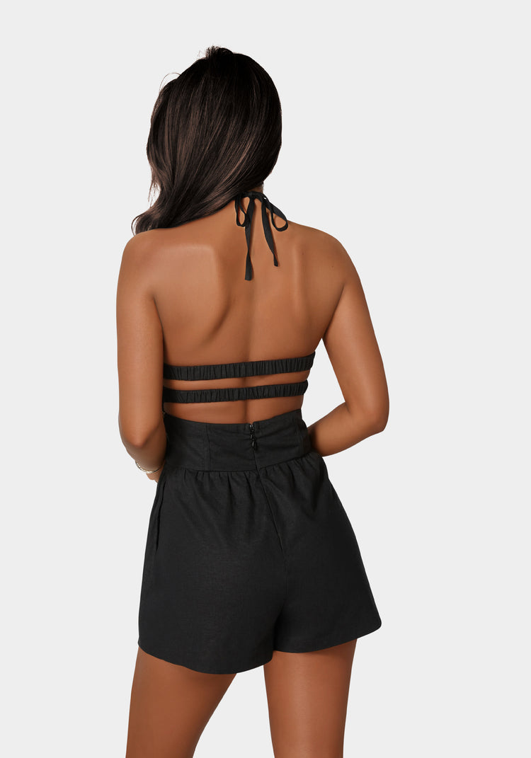 Bebe Linen Seashell Sequin Fringe Romper