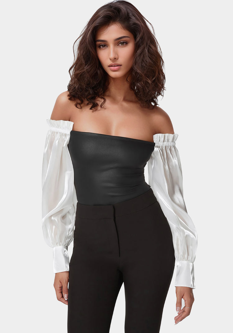 Bebe Liquid Chiffon Sleeve Coated Knit Bodysuit