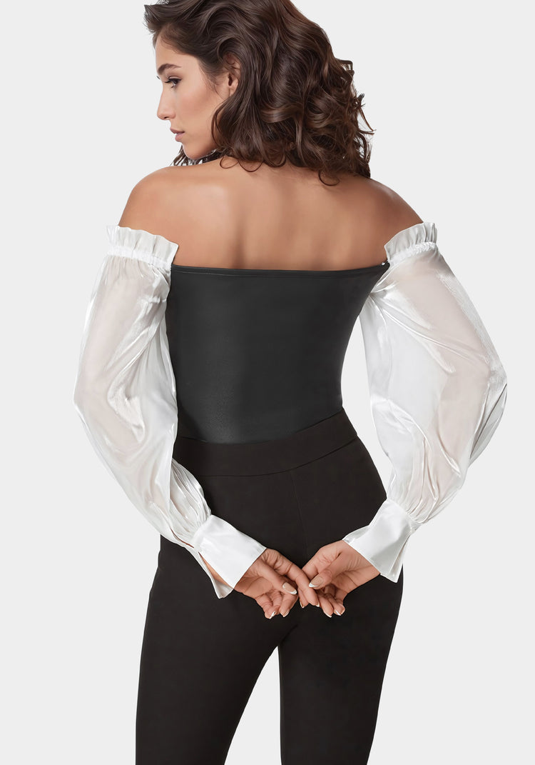 Bebe Liquid Chiffon Sleeve Coated Knit Bodysuit