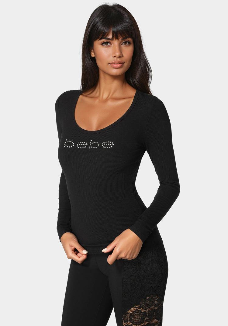 Bebe Bebe Logo Long Sleeve Scoop Neck Single Stone Rib Top
