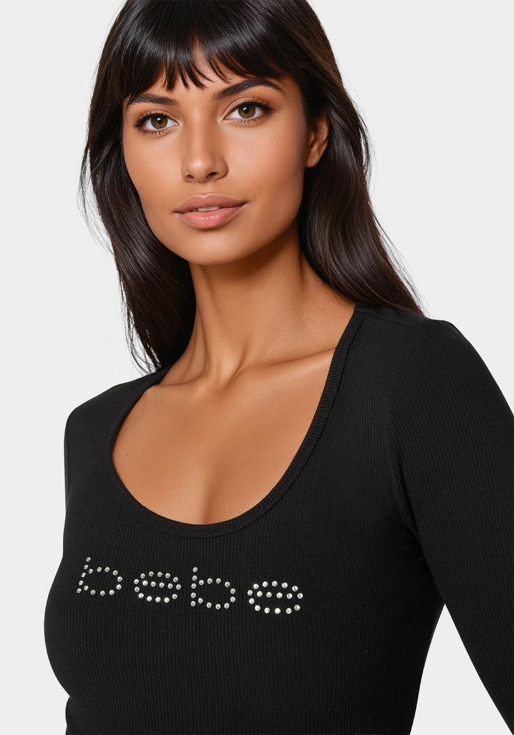 Bebe Bebe Logo Long Sleeve Scoop Neck Single Stone Rib Top