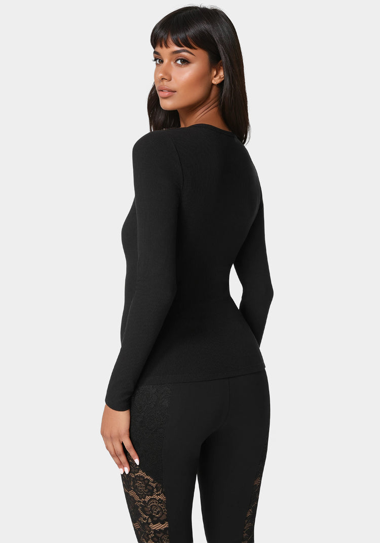 Bebe Bebe Logo Long Sleeve Scoop Neck Single Stone Rib Top