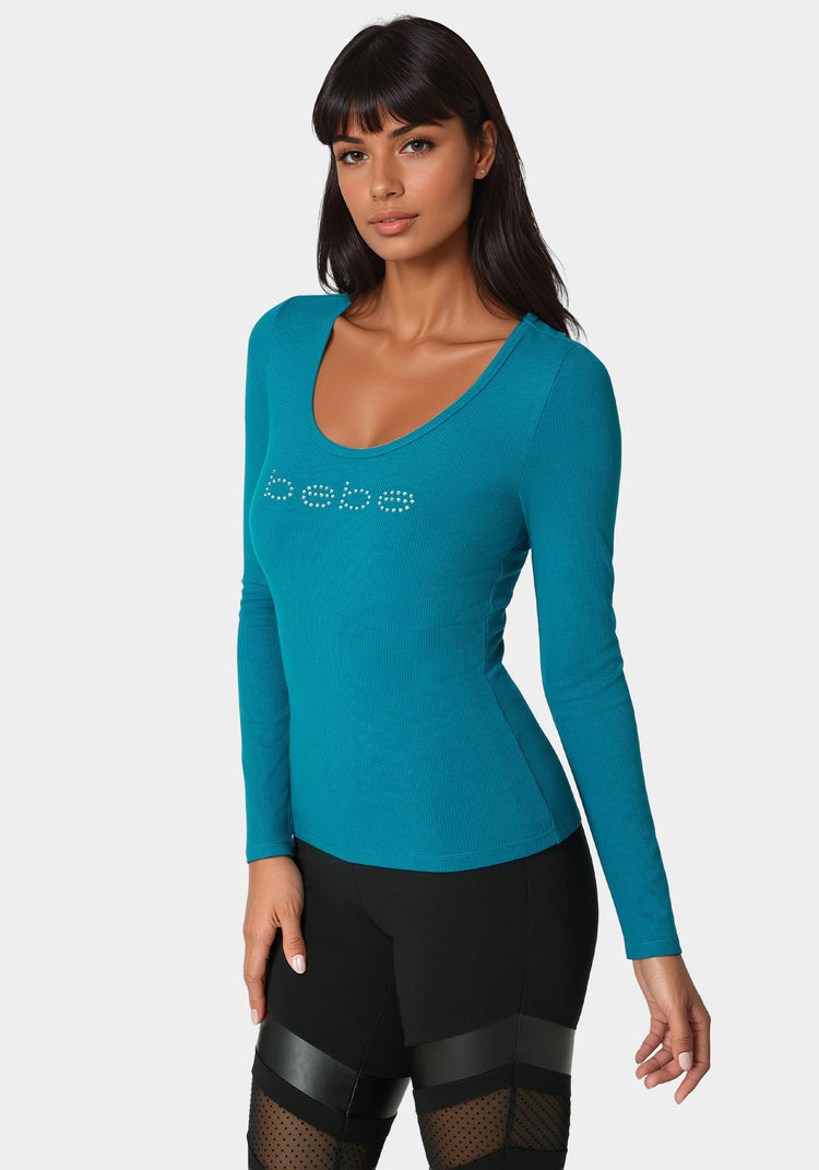 Bebe Bebe Logo Long Sleeve Scoop Neck Single Stone Rib Top