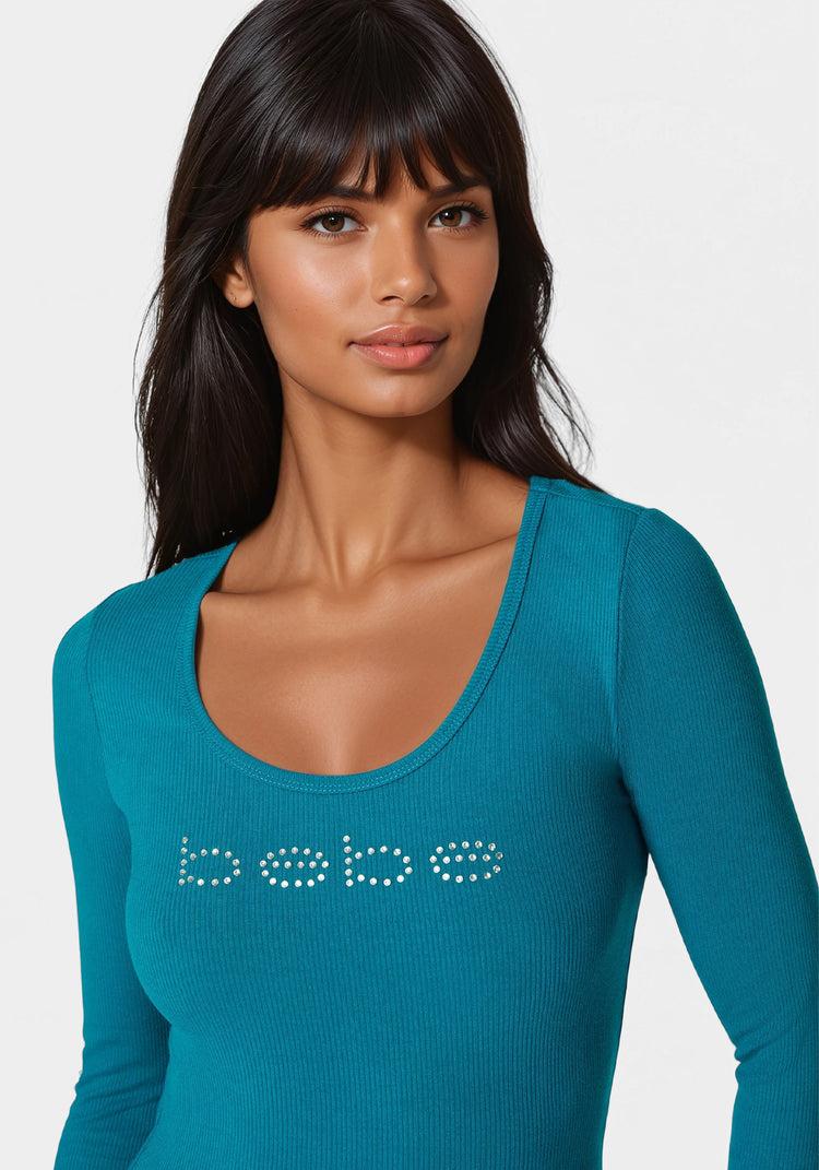 Bebe Bebe Logo Long Sleeve Scoop Neck Single Stone Rib Top