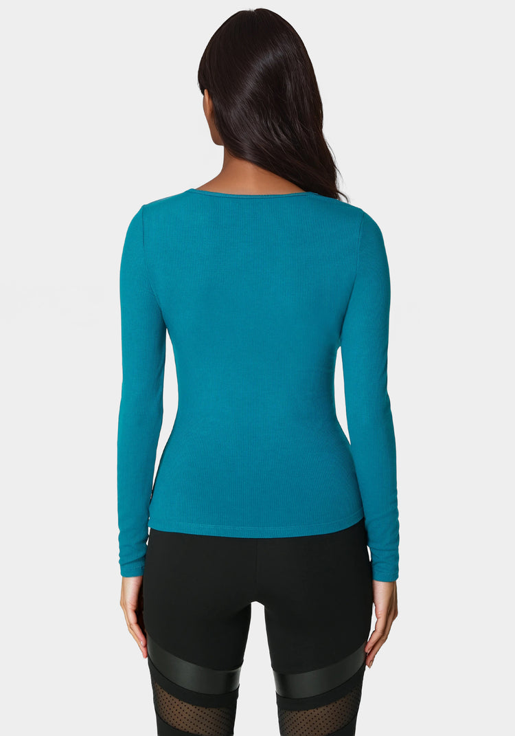 Bebe Bebe Logo Long Sleeve Scoop Neck Single Stone Rib Top