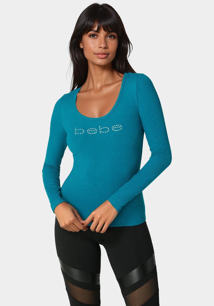 bebe Bebe Logo Long Sleeve Scoop Neck Single Stone Rib Top