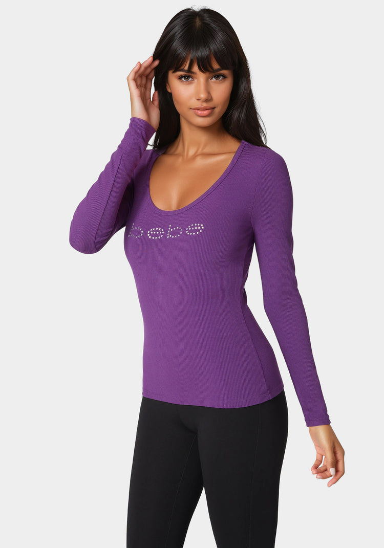 Bebe Bebe Logo Long Sleeve Scoop Neck Single Stone Rib Top
