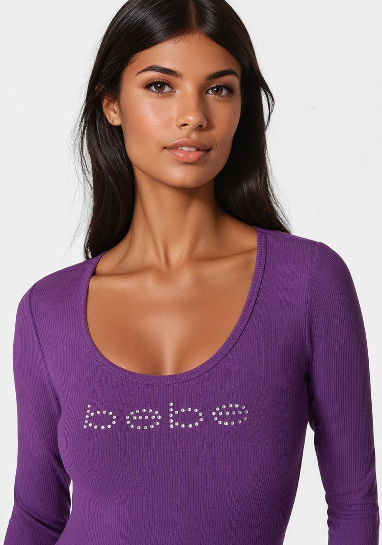 Bebe Bebe Logo Long Sleeve Scoop Neck Single Stone Rib Top