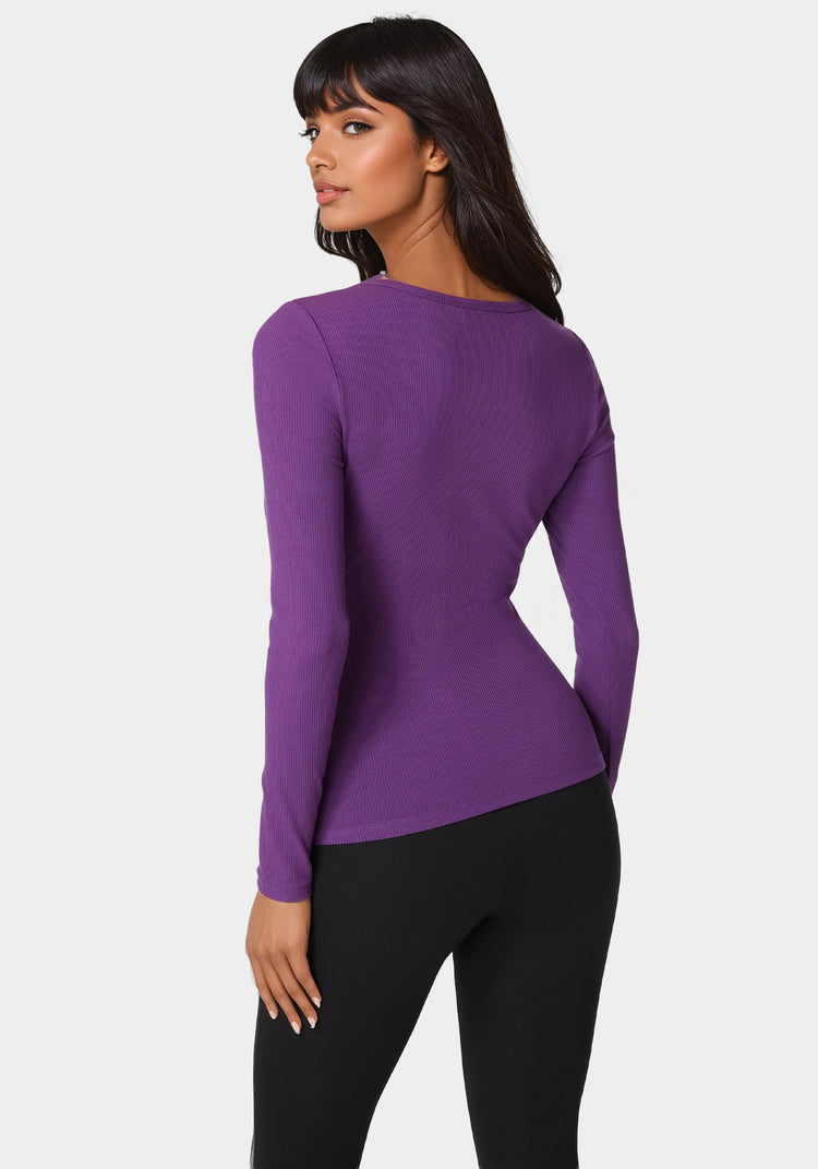 Bebe Bebe Logo Long Sleeve Scoop Neck Single Stone Rib Top