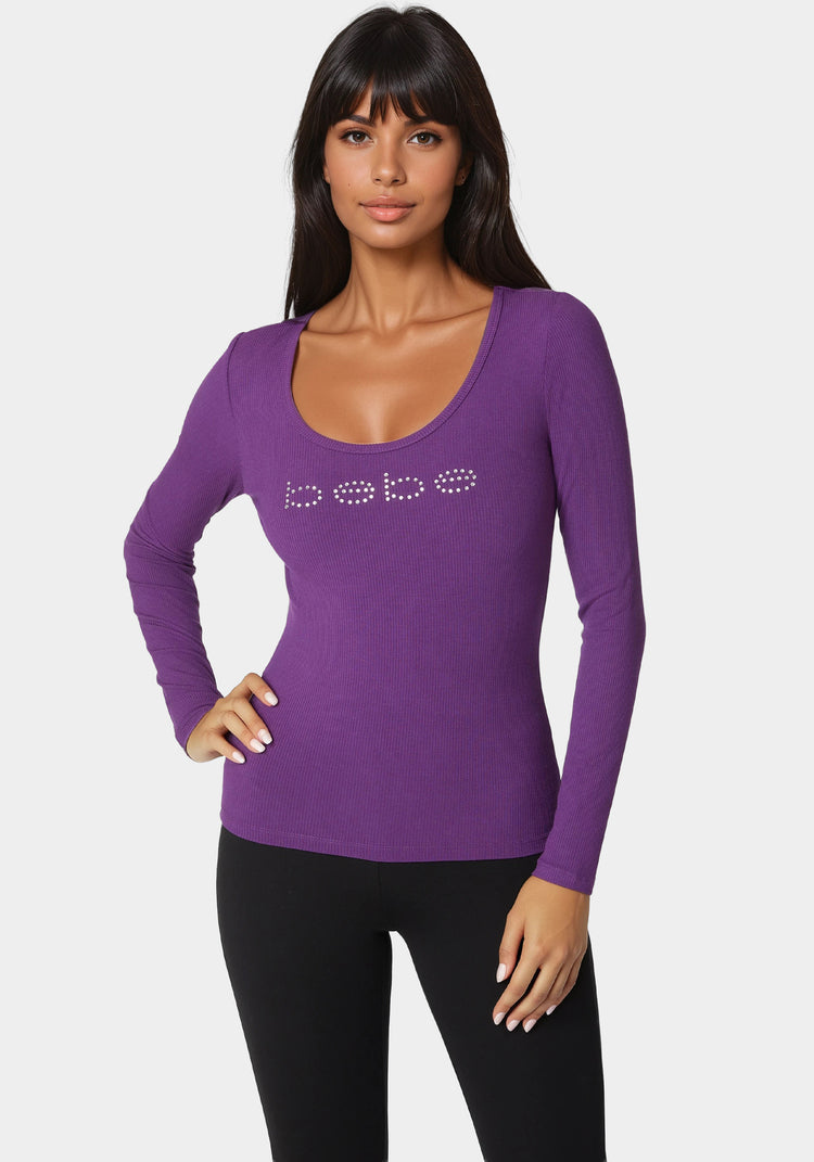 bebe Bebe Logo Long Sleeve Scoop Neck Single Stone Rib Top