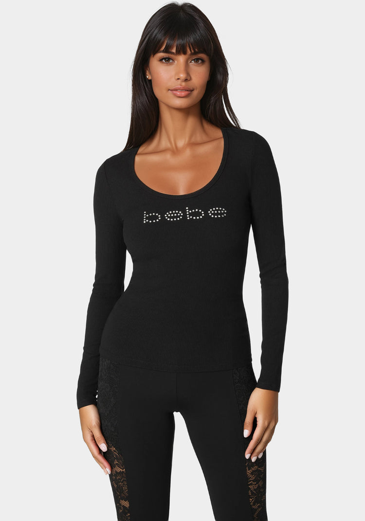 bebe Bebe Logo Long Sleeve Scoop Neck Single Stone Rib Top
