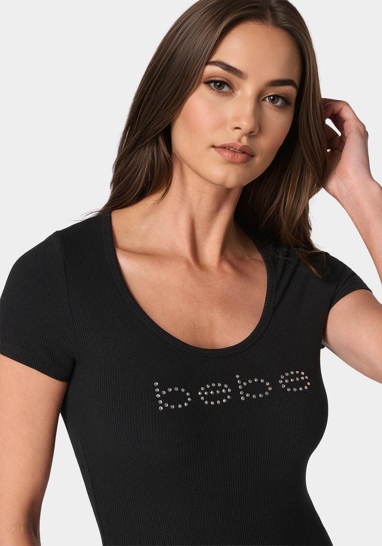 Bebe Bebe Logo Short Sleeve Scoop Neck Single Stone Rib Top