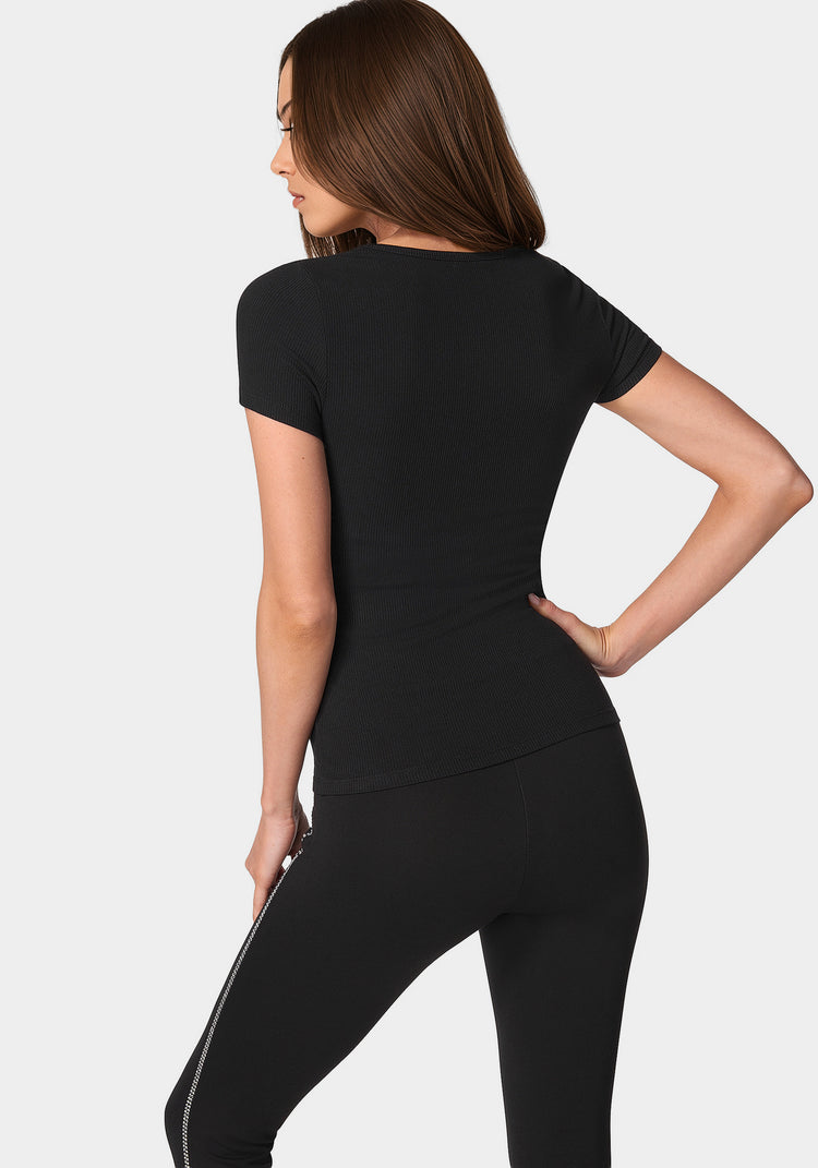 Bebe Bebe Logo Short Sleeve Scoop Neck Single Stone Rib Top