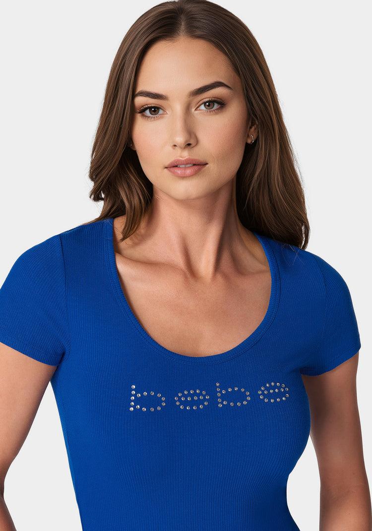 Bebe Bebe Logo Short Sleeve Scoop Neck Single Stone Rib Top