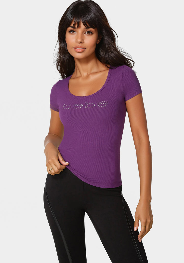 bebe Bebe Logo Short Sleeve Scoop Neck Single Stone Rib Top