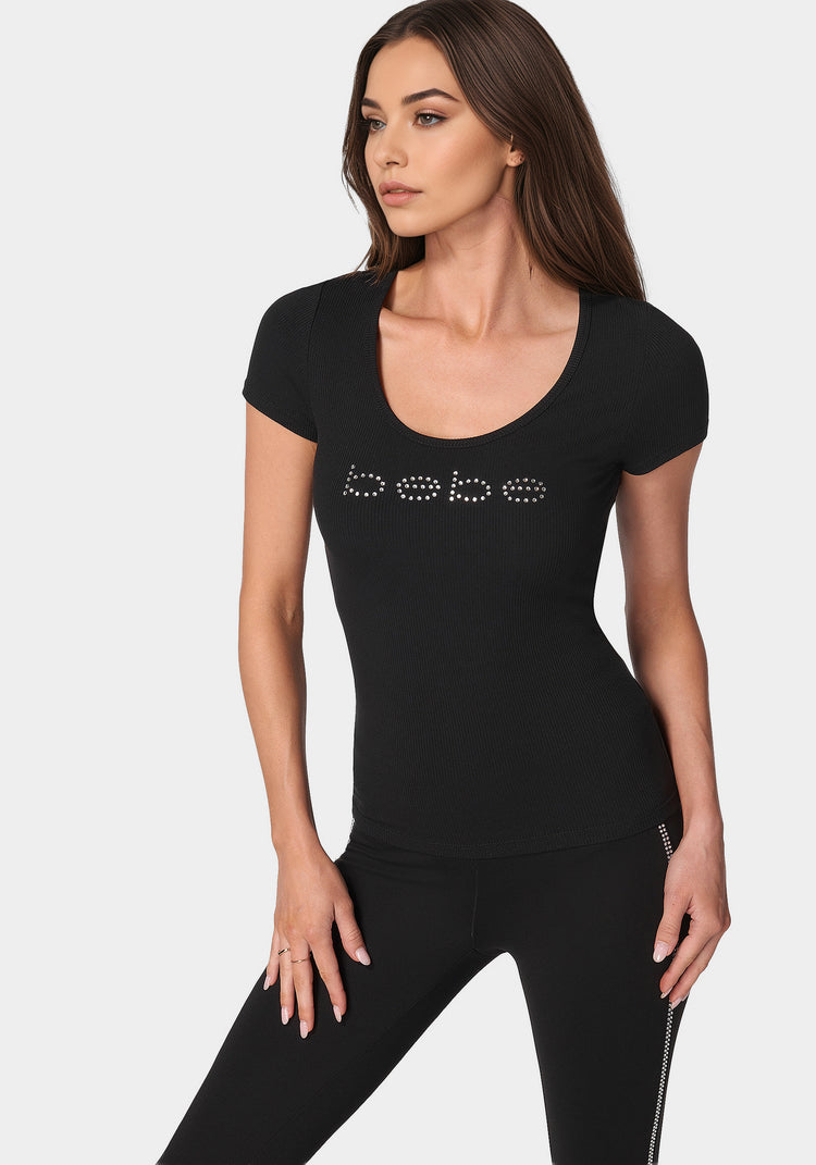 bebe Bebe Logo Short Sleeve Scoop Neck Single Stone Rib Top