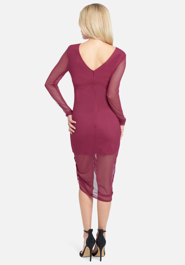 Bebe Long Sleeve Mesh Ruched Dress