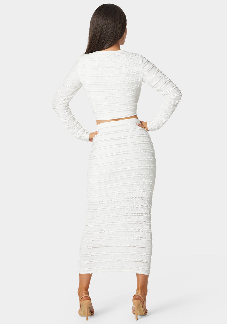 Bebe Long Sleeve Ruffle Lace Midi Skirt Set