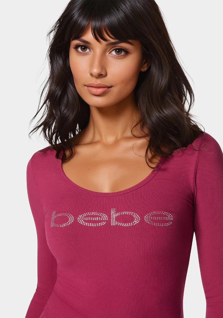 Bebe Long Sleeve Scoop Neck Bebe Logo Rib Top