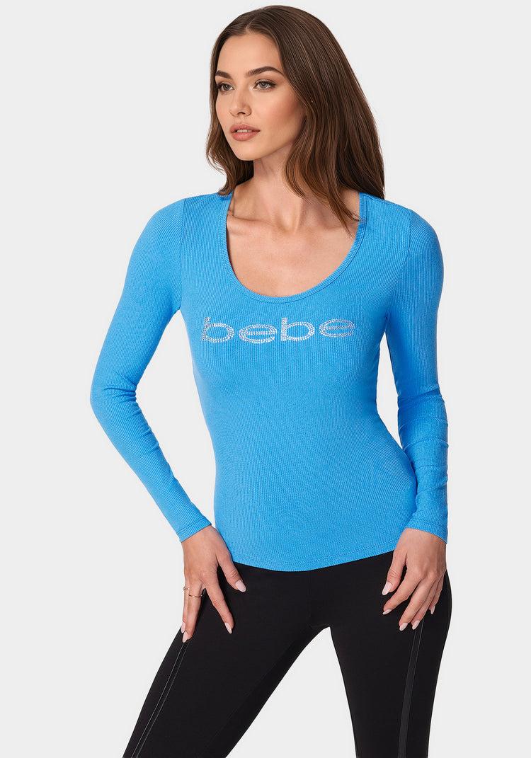 Bebe Long Sleeve Scoop Neck Bebe Logo Rib Top