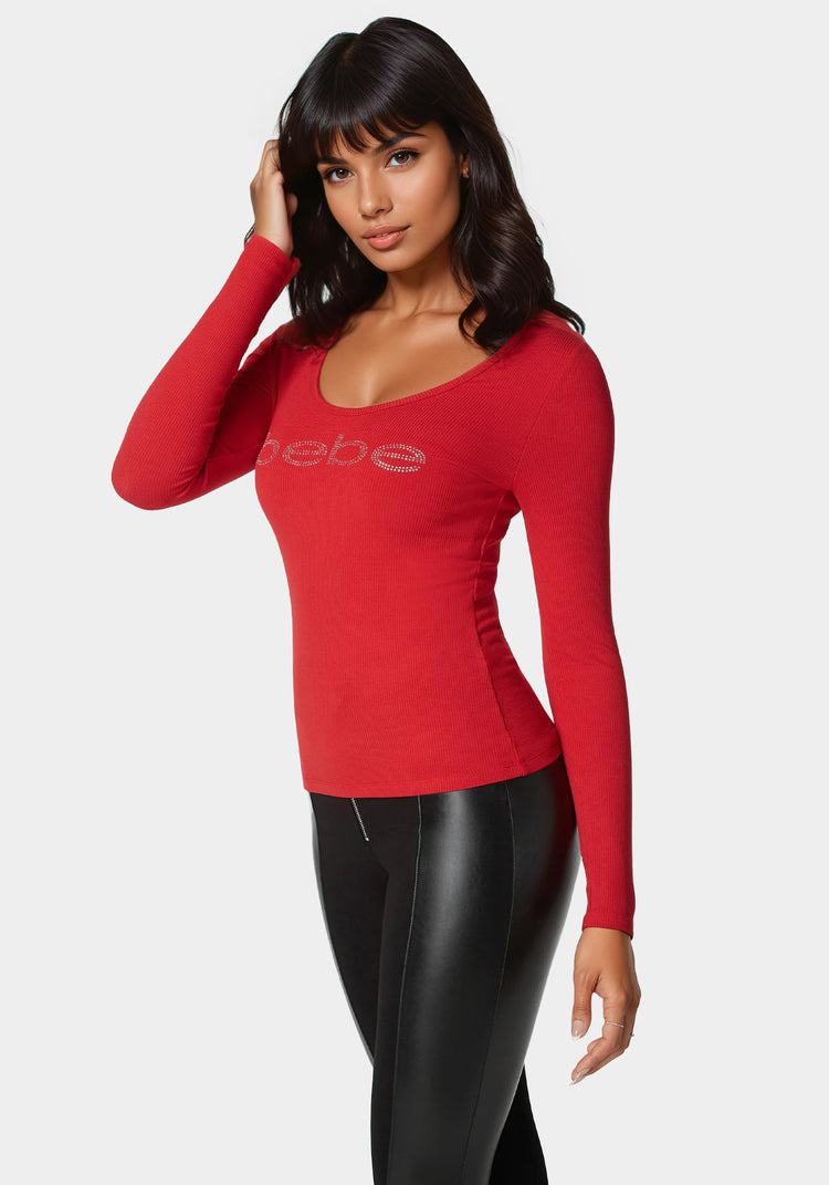 Bebe Long Sleeve Scoop Neck Bebe Logo Rib Top