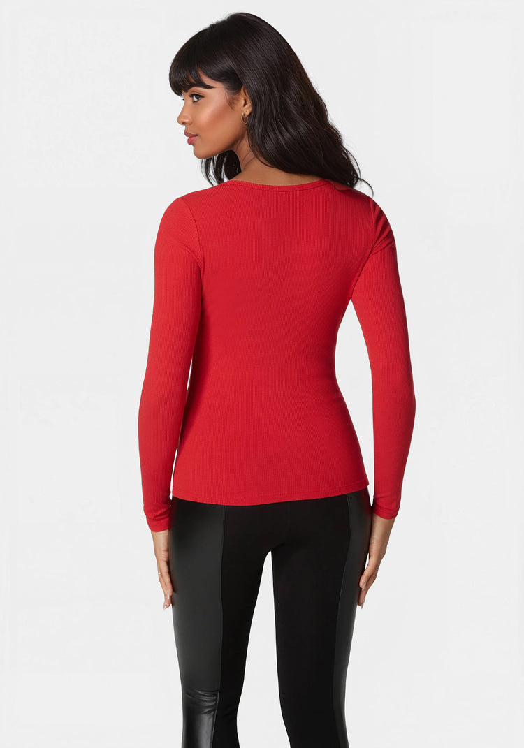 Bebe Long Sleeve Scoop Neck Bebe Logo Rib Top