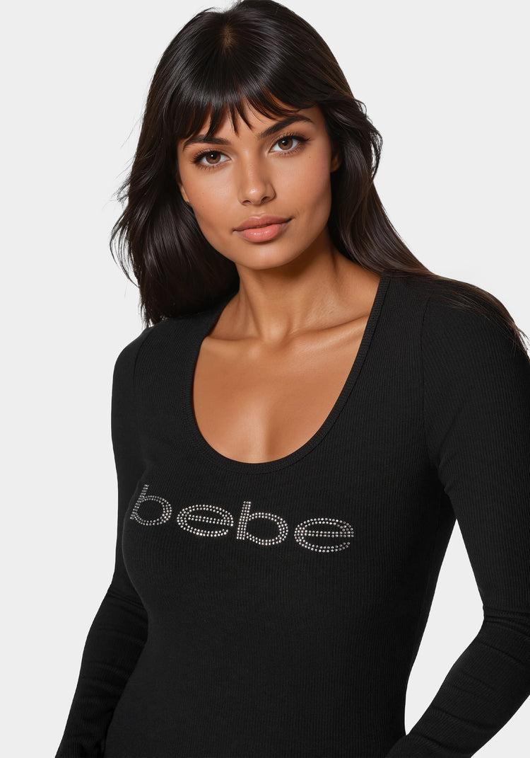 Bebe Long Sleeve Scoop Neck Bebe Logo Rib Top