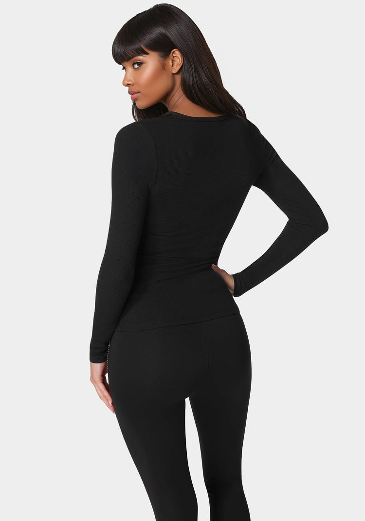 Bebe Long Sleeve Scoop Neck Bebe Logo Rib Top