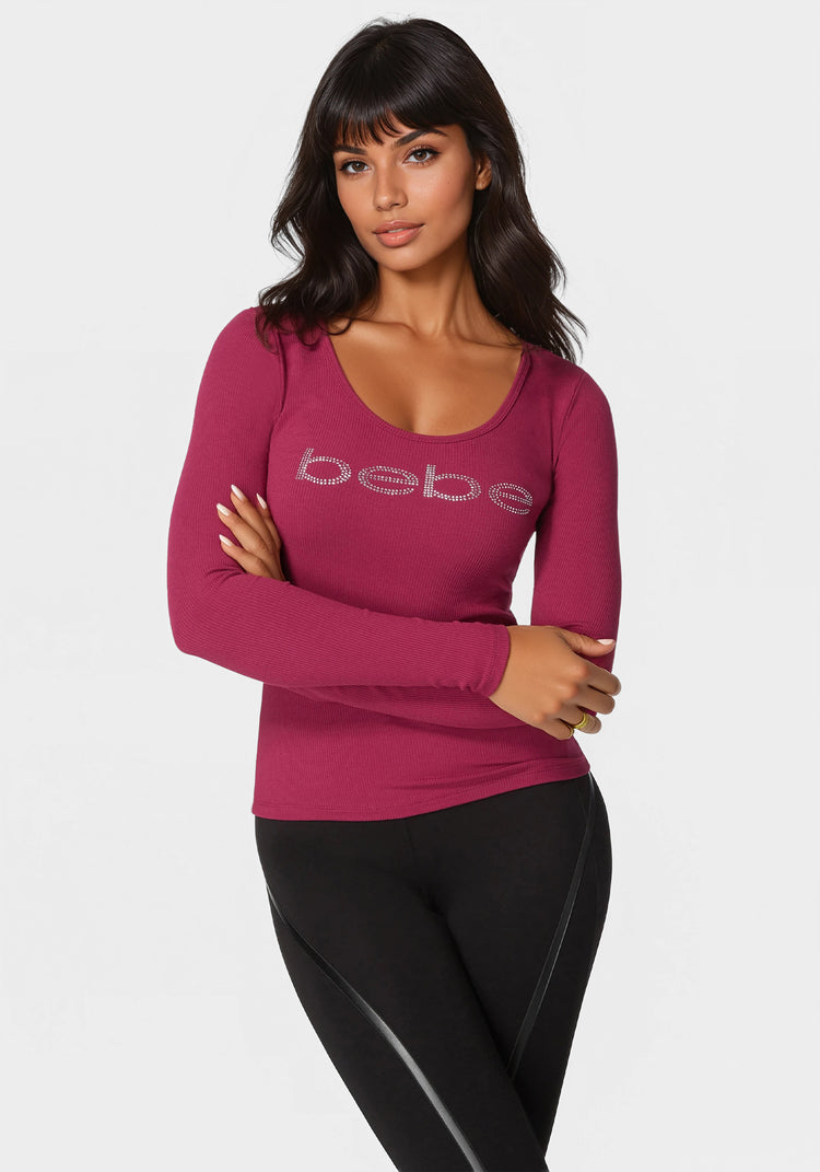 bebe Long Sleeve Scoop Neck Bebe Logo Rib Top