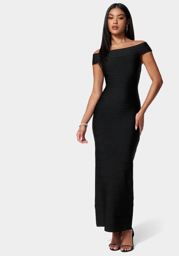 bebe Luxe Bandage Off Shoulder Gown