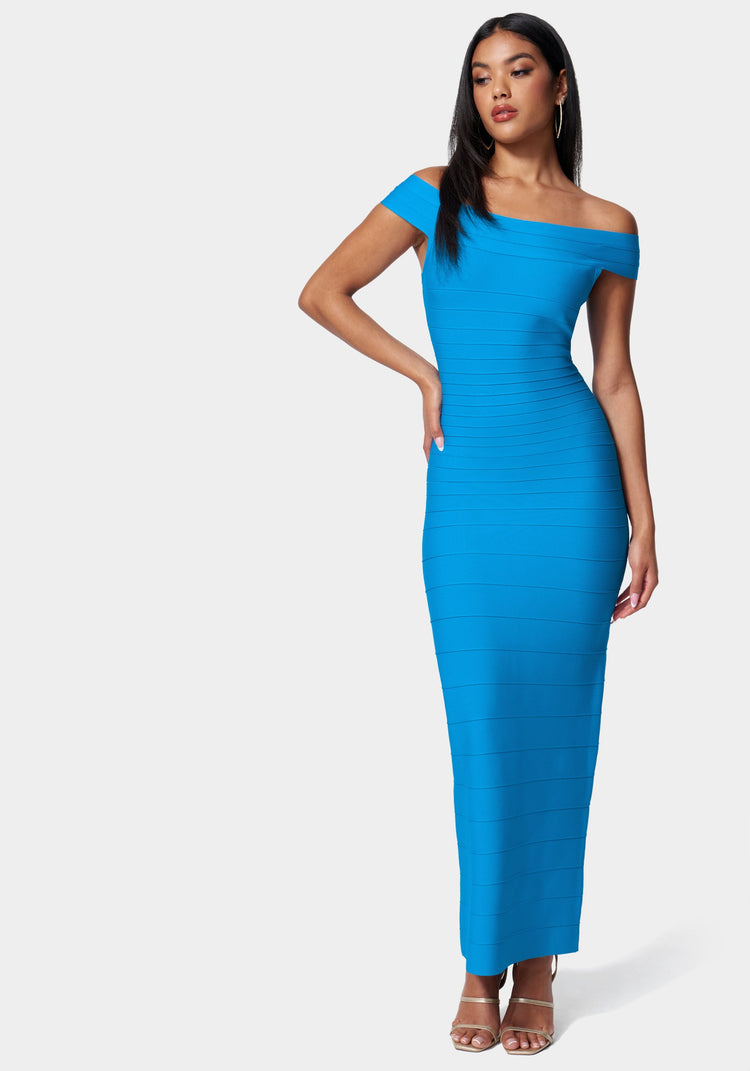 bebe Luxe Bandage Off Shoulder Gown