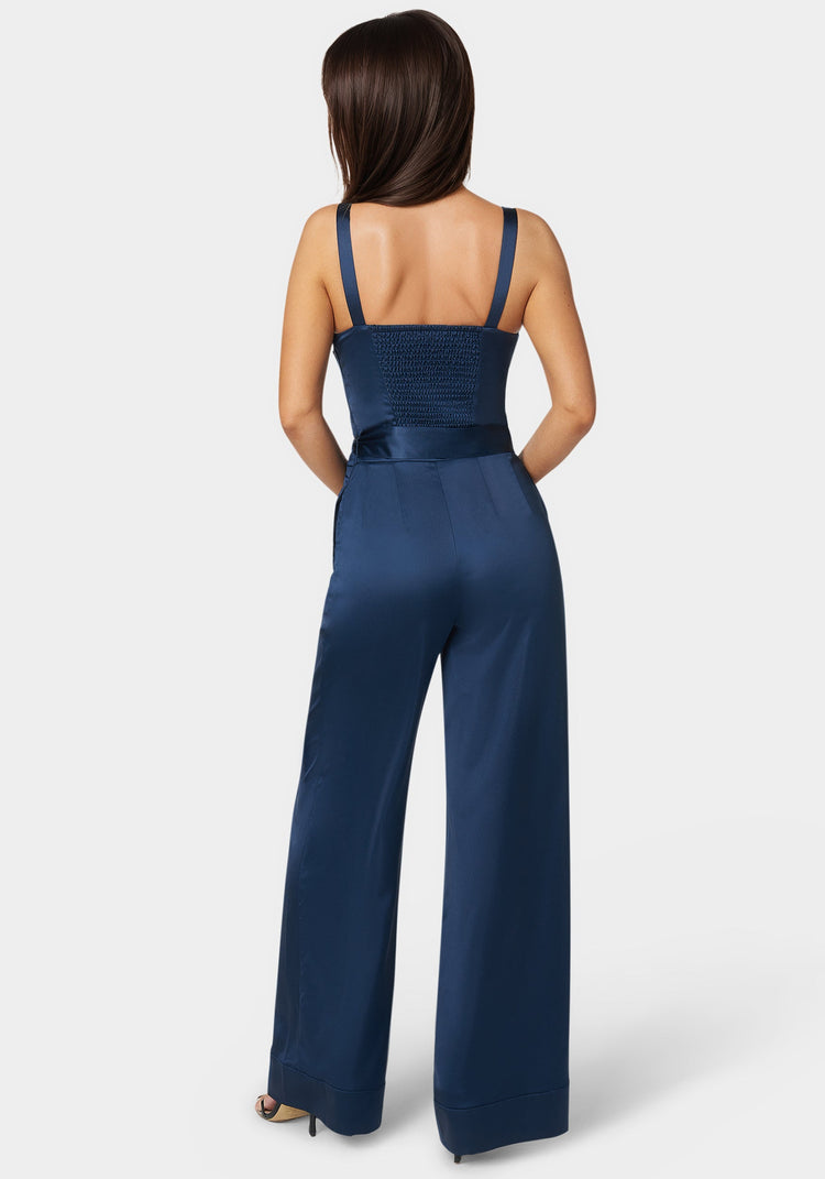 Bebe Luxe Satin Ultra Wide Leg Jumpsuit