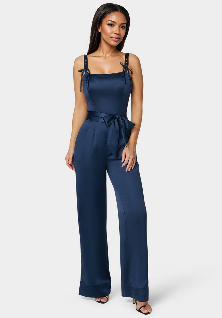 bebe Luxe Satin Ultra Wide Leg Jumpsuit