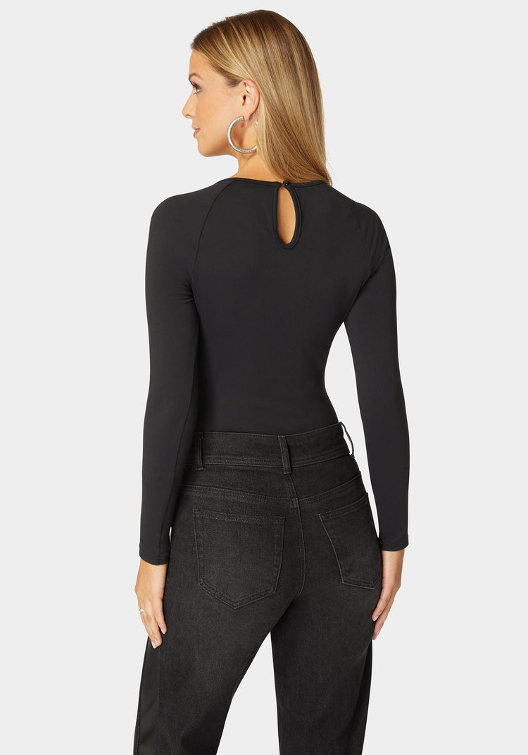 Bebe Mesh Combo Front Twist Knit Bodysuit