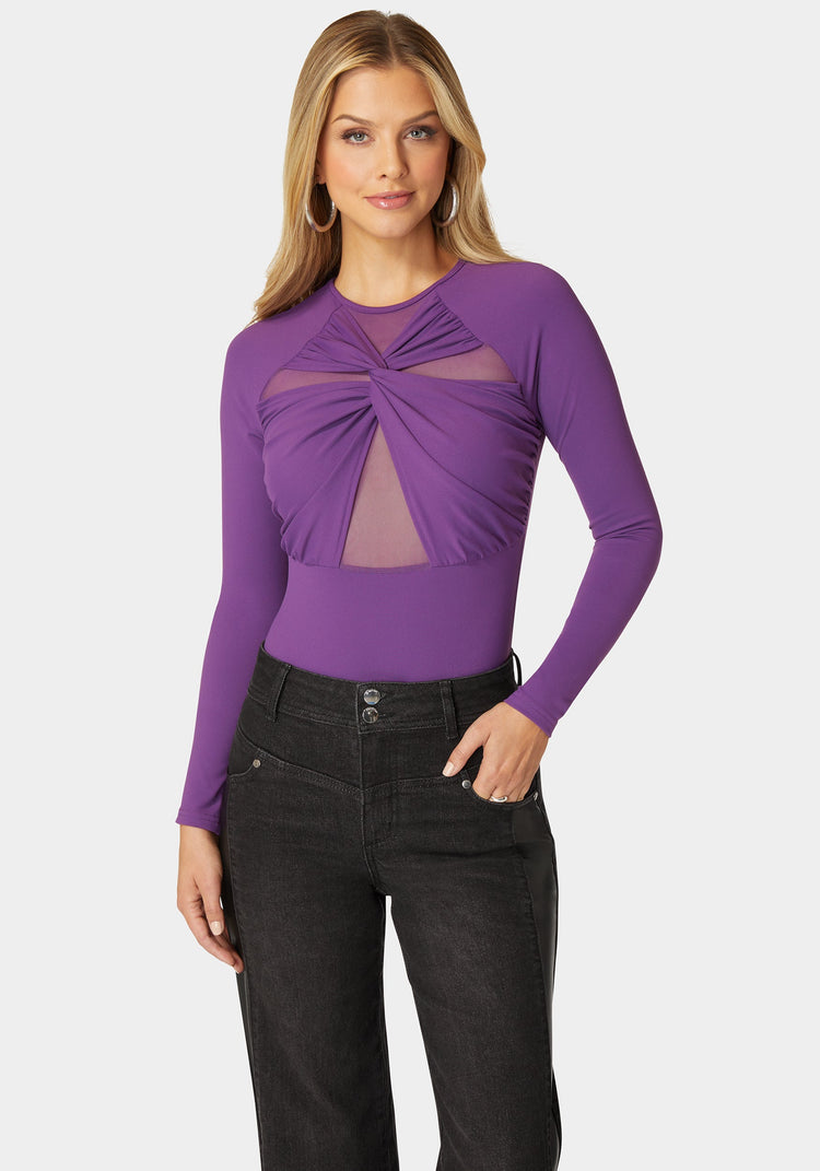 bebe Mesh Combo Front Twist Knit Bodysuit