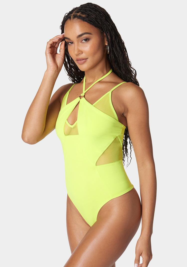 Bebe Mesh Combo Strappy Halter Bodysuit