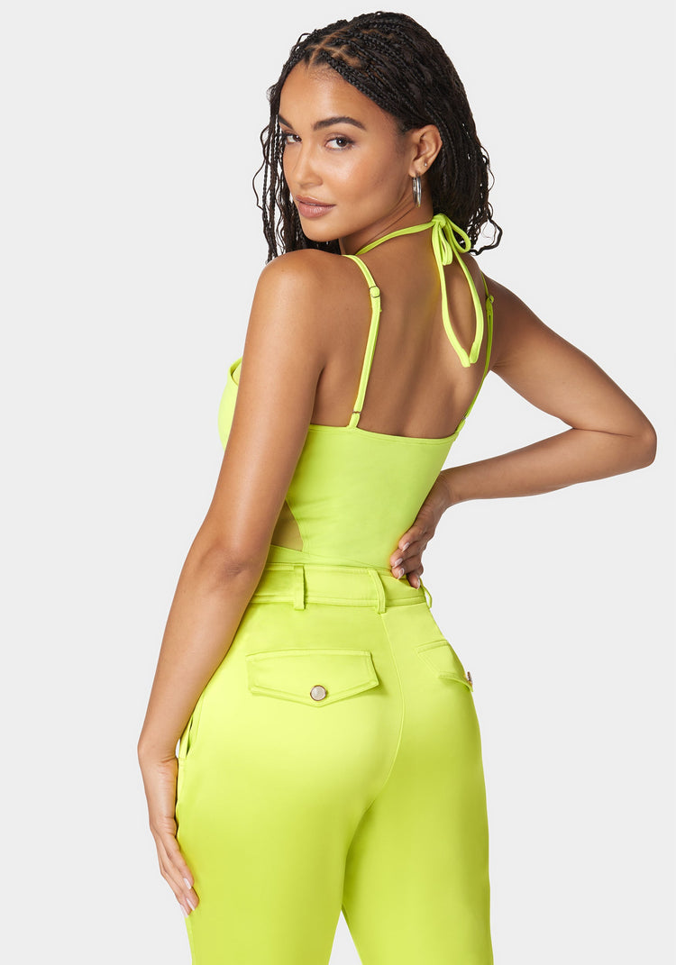 Bebe Mesh Combo Strappy Halter Bodysuit