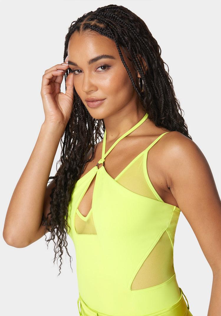 Bebe Mesh Combo Strappy Halter Bodysuit