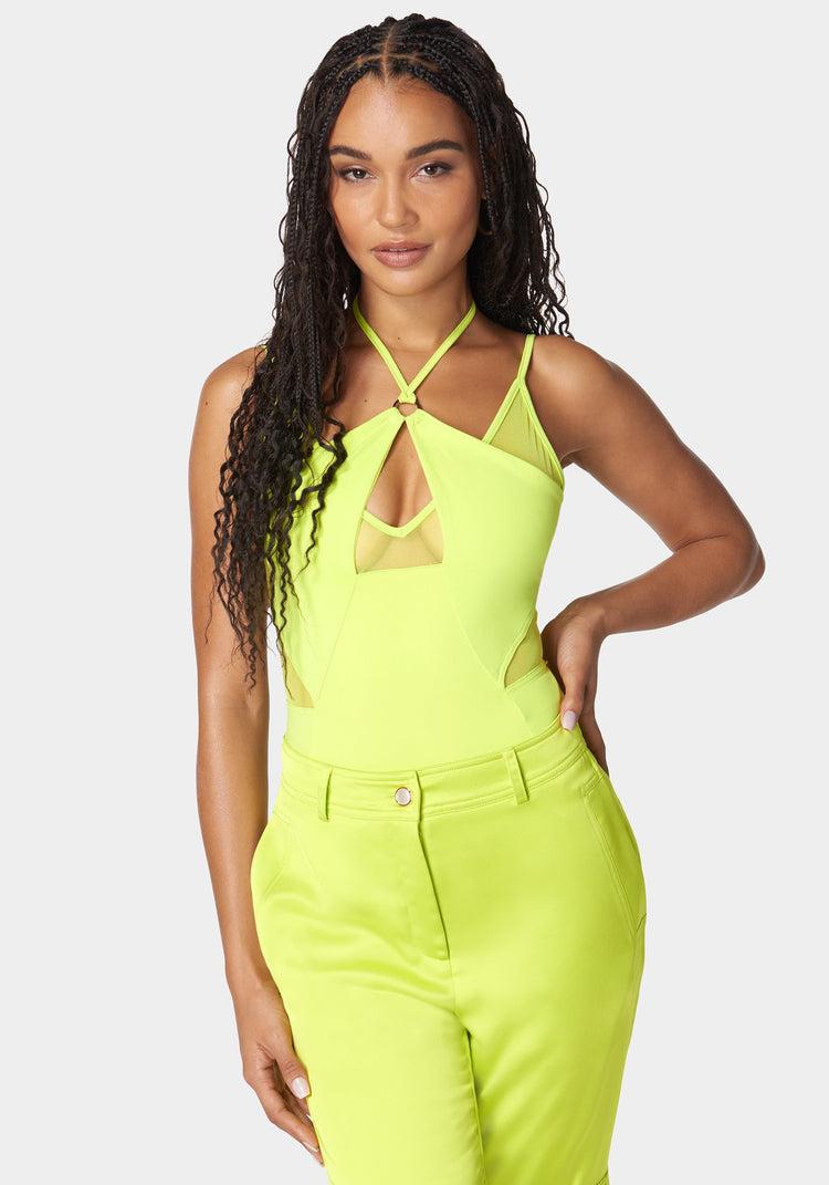 bebe Mesh Combo Strappy Halter Bodysuit